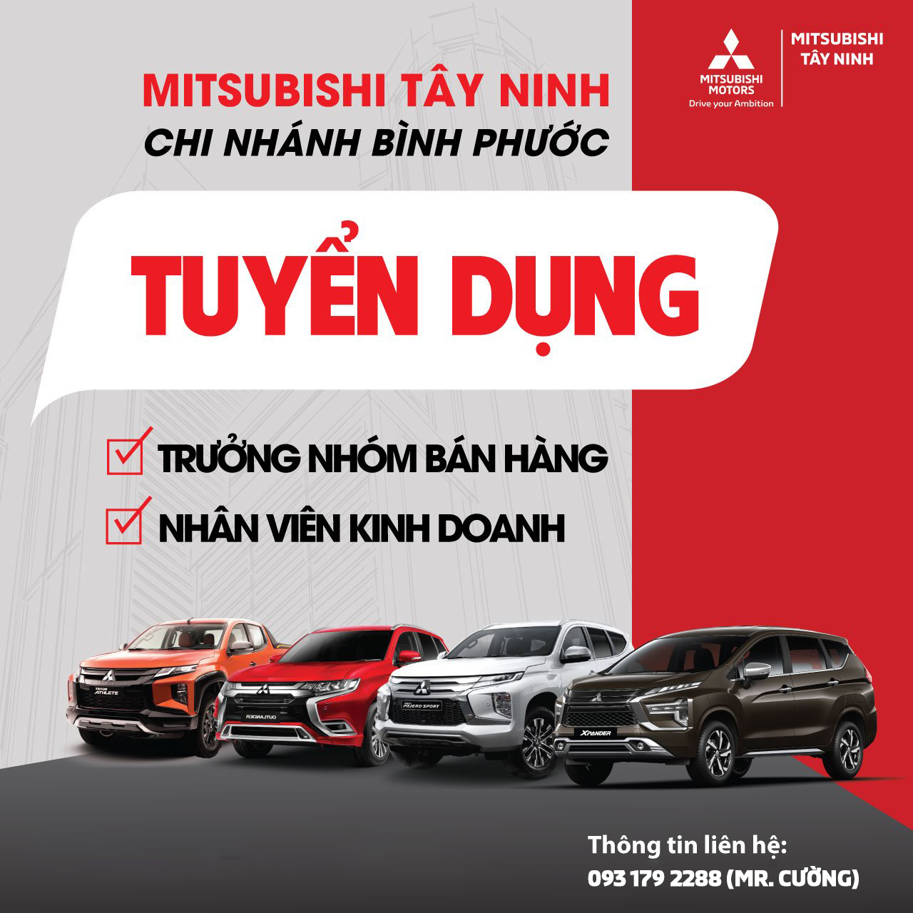 MITSUBISHI TÂY NINH TUYỂN DỤNG TƯ VẤN BÁN HÀNG/TRƯỞNG NHÓM (LÀM VIỆC TẠI BÌNH PHƯỚC)